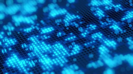 close-up of a glowing binary code grid in blue tones, featuring illuminated patterns, futuristic des