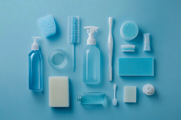 Minimal photo, top view composition of various cleaning supplies such as bottles, sponges and gloves on vibrant blue background.