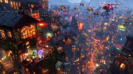 Wall Mural - A sprawling neon-lit cyberpunk market set atop floating platforms. Glowing drones deliver packages overhead, while merchants display advanced AI-driven devices and radiant artifacts for sale. 