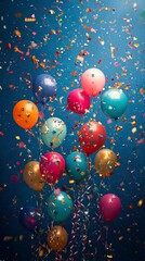 Wall Mural - Festive balloons and colorful confetti on a blue background create a joyful celebration atmosphere