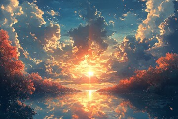 Wall Mural - Dramatic sunset over clouds lighting up the sky in a serene landscape