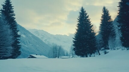 Wall Mural - Snowy mountain valley at dawn with frosted trees and rustic cabins.