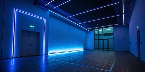 Wall Mural - Minimalist Blue Neon Room: Abstract Interior Design Stock Photo