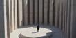 © Antto-AI - man stands alone in minimalist architectural space with tall concrete columns