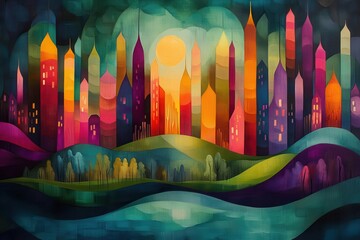 Wall Mural - a colorful painting of a cityscape with dynamic shapes and rich colors set against a lush green back