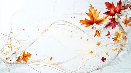 Aufkleber - Swirling thin lines and autumn leaves minimalist design digital art soft background abstract concept