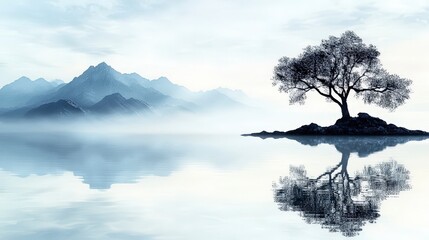 Aufkleber - Tranquil reflection of a lone tree in misty mountains serene nature scene minimalist landscape photography