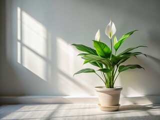 Wall Mural - Minimalist Home Decor: Peace Lily Plant in White Room with Sunlight