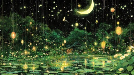 Wall Mural - a mystical meadow glowing softly under a crescent moon, where radiant flowers bloom in intricate con