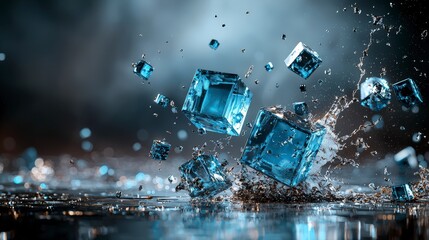 Poster - Abstract cubes breaking apart dynamic splash digital art studio setting close-up view visual concept