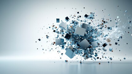 Poster - Explosive event abstract cubes breaking apart in a digital space 3d rendered environment futuristic concept