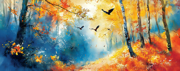 Sticker - Autumn forest path, birds flying, misty background, print