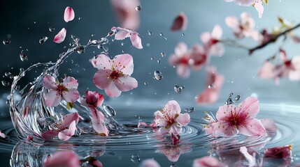 Aufkleber - Floating pink petals creating splashes in water serene nature scene abstract photography captivating aesthetic
