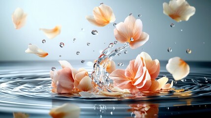 Poster - Floating petals and water splashes serene atmosphere nature photography abstract concept close-up viewpoint