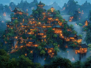 Wall Mural - a serene fantasy mountain range bathed in golden twilight, where rivers of liquid stardust cascade f