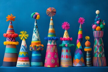 Poster - Colorful party hats displayed against a vibrant blue background for festive celebrations and events