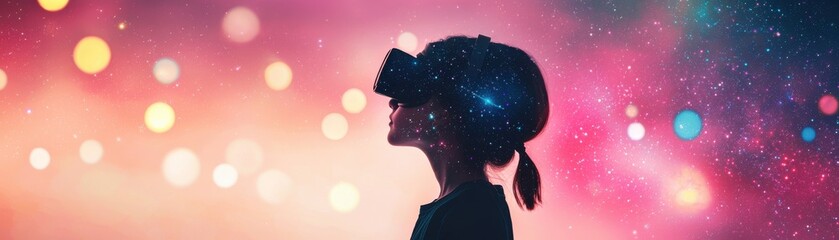 Wall Mural - a girl experiences immersive virtual reality in vibrant colors.