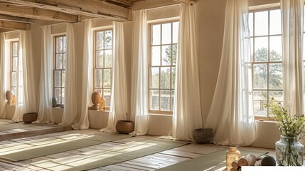 Leinwandbilder - Sunlit yoga studio with large sash windows, sheer white curtains open to let the sunlight in, A cozy, serene atmosphere with a natural, minimalist design.