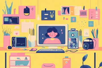 Leinwandbilder - Creative workspace with colorful decor and devices captures productive environment during daytime. Generative AI