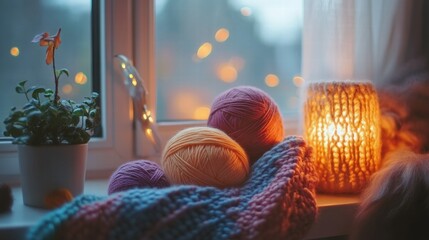 Poster - Cozy evening with colorful yarn and soft light by the window in a serene indoor setting. Generative AI