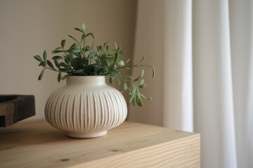 Canvas Print - A ribbed ceramic vase holds a small green plant