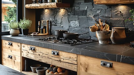 Poster - A kitchen with a black slate worktop, the furniture at the back is black as well, but this atmosphere is seriously enhanced by a few light wood elements.