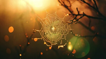 Close-up of spider web with beautiful dew. Creative. Beautiful delicate spider web with dew drops after rain. Elegant spider web with dew on dark blurred background of meadow. Macrocosm of summer sunl