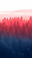 Sticker - Red forest sunrise, misty mountains, nature poster