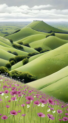 Sticker - Rolling hills, wildflowers, cloudy sky, scenic view, travel poster