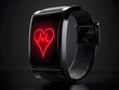 © Wittawit - sleek black smartwatch displaying red heart rate monitor with heartbeat graphic. This modern device symbolizes health and fitness tracking