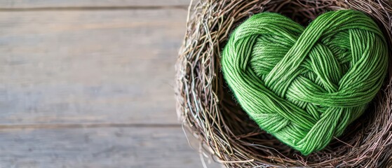 Wall Mural - A heart made of green yarn in a bird's nest. Greenery and environment themed decoration.