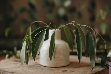 Canvas Print - Green Leaves in a White Ceramic Vase