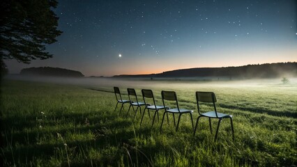 Wall Mural - Moody Night Field: Empty Chairs Under Starry Sky - Low Light Photography