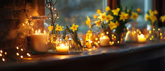 Wall Mural - A mantelpiece decorated with candles, daffodils in small jars, and tiny Welsh flags creating a cozy festive atmosphere