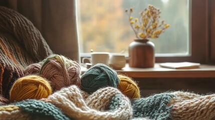 Poster - Cozy indoor setting with yarn, knitting supplies, and warm cup resting by the window during autumn. Generative AI