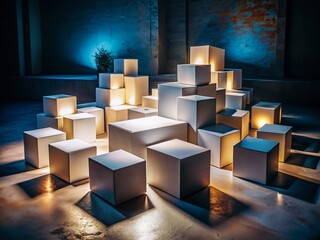 Wall Mural - Mysterious White Boxes in Low Light - Dramatic Shadows and Ambient Illumination