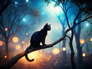 Wall Mural - Mystical Night: Silhouette of Cat on Bare Branch in Misty Forest with Bokeh