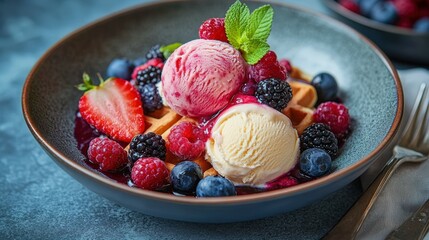 Wall Mural - A waffle with berries and ice cream on top. Presented on a plate on a wooden table. The dessert is served with a knife and fork.