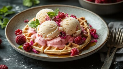 Wall Mural - A waffle with berries and ice cream on top. Presented on a plate on a wooden table. The dessert is served with a knife and fork.