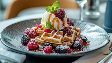 Wall Mural - A waffle with berries and ice cream on top. Presented on a plate on a wooden table. The dessert is served with a knife and fork.