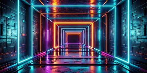 Wall Mural - Neon Portal Tunnel: Glowing Rectangular Gateway in Dark Background - Generative AI Stock Photo