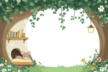 Poster - Cozy mouse resting under a tree in a serene environment with shelves of books and blooming flowers. Generative AI