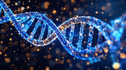 bright dna strand glowing with binary code, luminous particles around it on a dark abstract backgrou