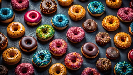 Wall Mural - Night Photography: Delicious Donut Patterns, Sweet Treats, Colorful Glazes, Dark Background, Food Photography