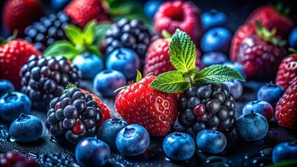 Canvas Print - Night Photography: Juicy Wild Berry Mix - Raspberries, Blueberries, Blackberries Isolated