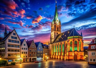 Wall Mural - Night Photography of Mostra Kirche: Illuminated Facade and Cityscape