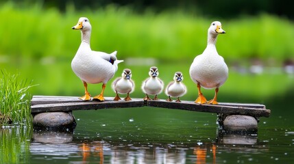 A serene scene of a family of ducks crossing a small wooden bridge over tranquil water, surrounded by lush greenery.