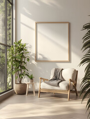 Wall Mural - Minimalistic living space featuring a cozy armchair and indoor plants. Empty vertical frame for wall art mockup.