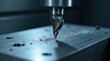 © Vibrant Visions Pixe - Precision machining process close-up A detailed view of a drill bit meticulously working on a metal surface, creating precise holes and leaving behind fine metallic dust.