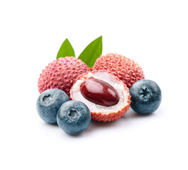 Poster - Lychee fruits with blueberries on white backgrounds. Healthy food ingredient